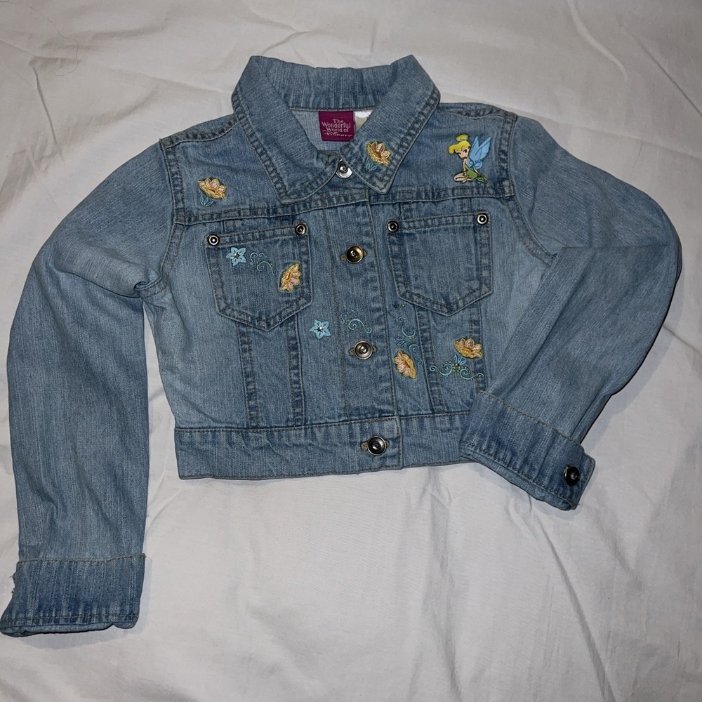 WONDERFUL WORLD OF DISNEY Tinkerbell Girls Sz S Cropped Denim Jacket Embroiderd